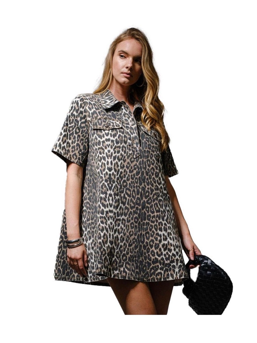 Leopard Print Polo Swing Dress with pockets - Taupe & Black size large - Picture 1 of 7